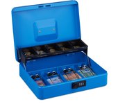Relaxdays caja dinero, combinación 3 números, bandeja para monedas y 4 espacios para billetes, cajita efectivo, azul