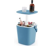 Mesa nevera 3 en 1 de exterior 15l - tabla auxiliar con tapa retráctil, compartimento, abrebotellas y pinza hielo (azul)