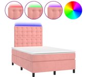 Cama box spring con colchón y led en terciopelo rosa 120x190 cm