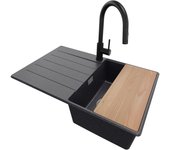 Primagran fregadero granito grafito 78x50cm, fregadero cocina 1 seno + sifón + accesorios, fregadero sobre encimera al mueble 45cm - copenhague