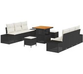 Conjunto de sofá de jardín de 9 piezas con cojines negro poliratán acacia, sofá de jardín de 2 plazas con cojines negro poliratán, conjunto de comedor