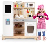Cocina infantil de madera para niños con accesorios de madera, fregadero, horno, nevera, cocina de madera con efectos de sangre y luz