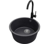 Primagran fregadero granito circular grafito 46x46cm, fregadero cocina 1 seno + sifón + accesorios, fregadero sobre encimera al mueble 50cm