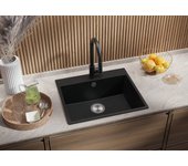 Primagran fregadero cocina grafito 58x50cm, fregadero granito 1 seno + sifón, fregadero sobre encimera al mueble 60cm - riga