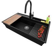 Primagran fregadero granito negro metallic 88x53cm, fregadero cocina 1 seno + sifón + accesorios, fregadero sobre encimera al mueble 90cm