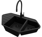 Primagran fregadero granito de esquina todo negro 90x50cm, fregadero cocina 1,5 senos + sifón + accesorios, fregadero sobre encimera al mueble 80cm