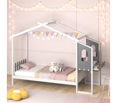 Cama infantil con escritorio, estructura de cama de madera con escritorio lateral, 2 cajones y cabecero, cama en forma de casita para niños y niñas,
