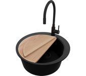 Primagran fregadero granito circular todo negro 53x53cm, fregadero cocina 1 seno + sifón + accesorios, fregadero sobre encimera al mueble 50cm
