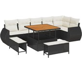 Conjunto de sofás de jardín de 9 piezas con cojines negro poliratán acacia, conjunto de comedor de jardín de 3 piezas con cojines negro poliratán acac