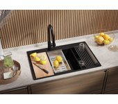 Primagran fregadero cocina negro 78x50cm, fregadero granito 2 senos + sifón + tabla de cortar, fregadero sobre encimera al mueble 80cm - oslo duo