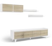 Sistema de pared anguria, mueble de salón con soporte para tv, composición de salón con mueble alto y estante, 200x50h41 cm, blanco y roble