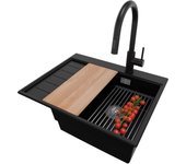 Primagran fregadero granito negro 62x50cm, fregadero cocina 1 seno + sifón + accesorios, fregadero sobre encimera al mueble 45cm - sydney