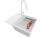 Primagran fregadero granito todo blanco 62x50cm, fregadero cocina 1 seno + sifón + accesorios, fregadero sobre encimera al mueble 50cm