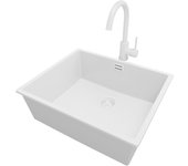 Primagran fregadero granito todo blanco 56x47cm, fregadero cocina 1 seno + sifón + accesorios, fregadero sobre encimera al mueble 60cm - london slim