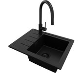 Primagran fregadero granito todo negro 55x44cm, fregadero cocina 1 seno + sifón + accesorios, fregadero sobre encimera al mueble 45cm