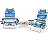 Juego de 2 sillas playa y mesa plegable, silla plegable reclinable con 5 posiciones ajustables, 3 bolsas de almacenaje y almohada, silla portátil
