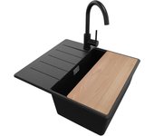 Primagran fregadero granito negro metallic 55x50cm, fregadero cocina 1 seno + sifón + accesorios, fregadero sobre encimera al mueble 40cm