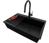 Primagran fregadero granito todo negro 78x50cm, fregadero cocina 1 seno + sifón + accesorios, fregadero sobre encimera al mueble 80cm - oslo