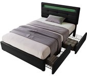 Cama tapizada adulto 90 x 200 cm, con 2 cajones, led, cabecero regulable, sin colchón, negro