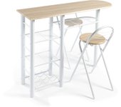 Conjunto de mesa alta de cocina tipo bar con estantes y 2 taburetes plegables – estructura metálica blanca y encimera de madera (color taupe/blanco)