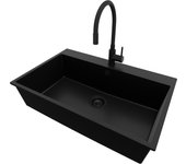 Primagran fregadero granito todo negro 78x50cm, fregadero cocina 1 seno + grifo 40x13cm + sifón, fregadero sobre encimera al mueble 80cm - riga