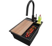 Primagran fregadero granito negro metallic 38x53cm, fregadero cocina 1 seno + sifón + accesorios, fregadero sobre encimera al mueble 40cm
