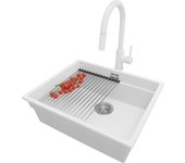 Primagran fregadero granito blanco 56x47cm, fregadero cocina 1 seno + sifón + accesorios, fregadero sobre encimera al mueble 60cm - prague slim
