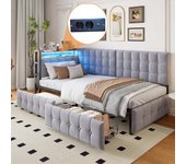 Cama tapizada 90x200 cm con 2 cajones y espacio de almacenaje, sofá cama - leds, tomas usb y tipo c - terciopelo - gris claro (sin colchón)