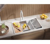 Primagran fregadero cocina blanco 78x50cm, fregadero granito 2 senos + sifón + tabla de cortar, fregadero sobre encimera al mueble 80cm - oslo duo