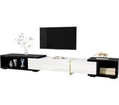Mueble de tv moderno con longitud variable (140-260 cm), función giratoria, aspecto mármol negro, acabado blanco mate de alto brillo y decoraciones do