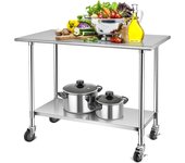 Mesa de trabajo en acero inoxidable con ruedas bloqueables carrito para cocina repisa inferior regulable plata 122x61 cm