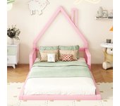 90*200cm cama para niños, cama plana, forma de casa, pino macizo, forma sencilla,rosa