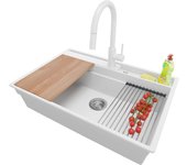 Primagran fregadero granito blanco 78x53cm, fregadero cocina 1 seno + sifón + accesorios, fregadero sobre encimera al mueble 80cm - oslo pocket