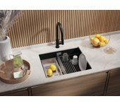 Primagran fregadero bajo encimera negro 56x47cm, fregadero cocina 1 seno + sifón + enrollable escurridor, fregadero granito al mueble 60cm - prague