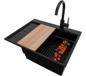 Primagran fregadero granito todo negro 62x50cm, fregadero cocina 1 seno + sifón + accesorios, fregadero sobre encimera al mueble 45cm - sydney