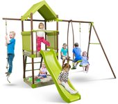 Zona de juegos de madera con tobogán y columpio ajustable en altura 4 en 1 para niños de 3 a 7 años, cabaña infantil cubierta, 320 x 260 x 248 cm