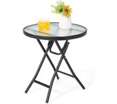Mesa auxiliar plegable de cristal de 46 cm, mesa baja redonda portátil con estructura de acero para patio, terraza, porche