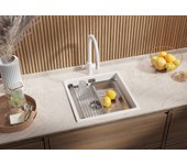 Primagran fregadero cocina blanco 46x47cm, fregadero granito 1 seno + sifón + accesorios, fregadero sobre encimera al mueble 50cm - prague slim
