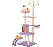 Árbol para gatos de color morado, de varios niveles con postes rascadores de sisal, 3 palitos de pompones y juguetes colgantes, 59 x 49 x 158 cm