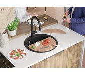 Primagran fregadero cocina circular grafito 53x53cm, fregadero granito 1 seno + sifón + accesorios, fregadero sobre encimera al mueble 50cm