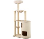 Árbol para gatos de varios niveles 150cm, de madera con refugio de doble capa, hamaca, rascadores de sisal, cojín desmontable y lavable, natural