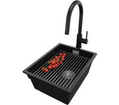 Primagran fregadero granito negro metallic 36x47cm, fregadero cocina 1 seno + sifón + accesorios, fregadero sobre encimera al mueble 40cm