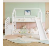 Litera con escalera de almacenamiento y tobogán, cama infantil con barandillas, 90x200cm, blanco