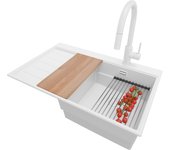 Primagran fregadero granito todo blanco 78x50cm, fregadero cocina 1 seno + sifón + accesorios, fregadero sobre encimera al mueble 45cm - sydney