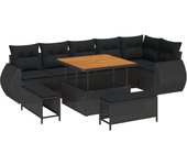 Conjunto de sofá de jardín vidaxl de 9 piezas con cojines de poliratán negro y madera de acacia, conjunto de comedor de jardín vidaxl de 3 piezas con