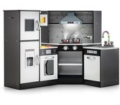 Cocina infantil, cocina de esquina con pizarra, campana, microondas, horno, juguete de cocina de madera con efectos de luz y sonido, ricos