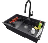 Primagran fregadero bajo encimera grafito 76x47cm, fregadero granito 1 seno + sifón + accesorios, fregadero cocina al mueble 80cm - prague