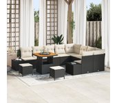 Conjunto de sofá de jardín de 12 piezas con cojines negro poliratán acacia, conjunto de comedor de jardín de 3 piezas con cojines negro poliratán acac