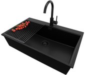 Primagran fregadero granito todo negro 78x50cm, fregadero cocina 1 seno + sifón + accesorios, fregadero sobre encimera al mueble 80cm - oslo