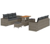Conjunto de sofá de jardín de 9 piezas con cojines gris polirratán acacia, conjunto de comedor de jardín de 3 piezas con cojines gris polirratán acaci